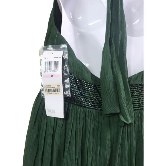 Maggy London Green Crepey Halter Beaded Gown Dress - Picture 4 of 13